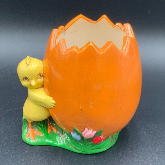 1978 Ceramic Porcelain Spring Easter Chick Holding Egg Planter Glazed 4.5” - Picture 1 of 9